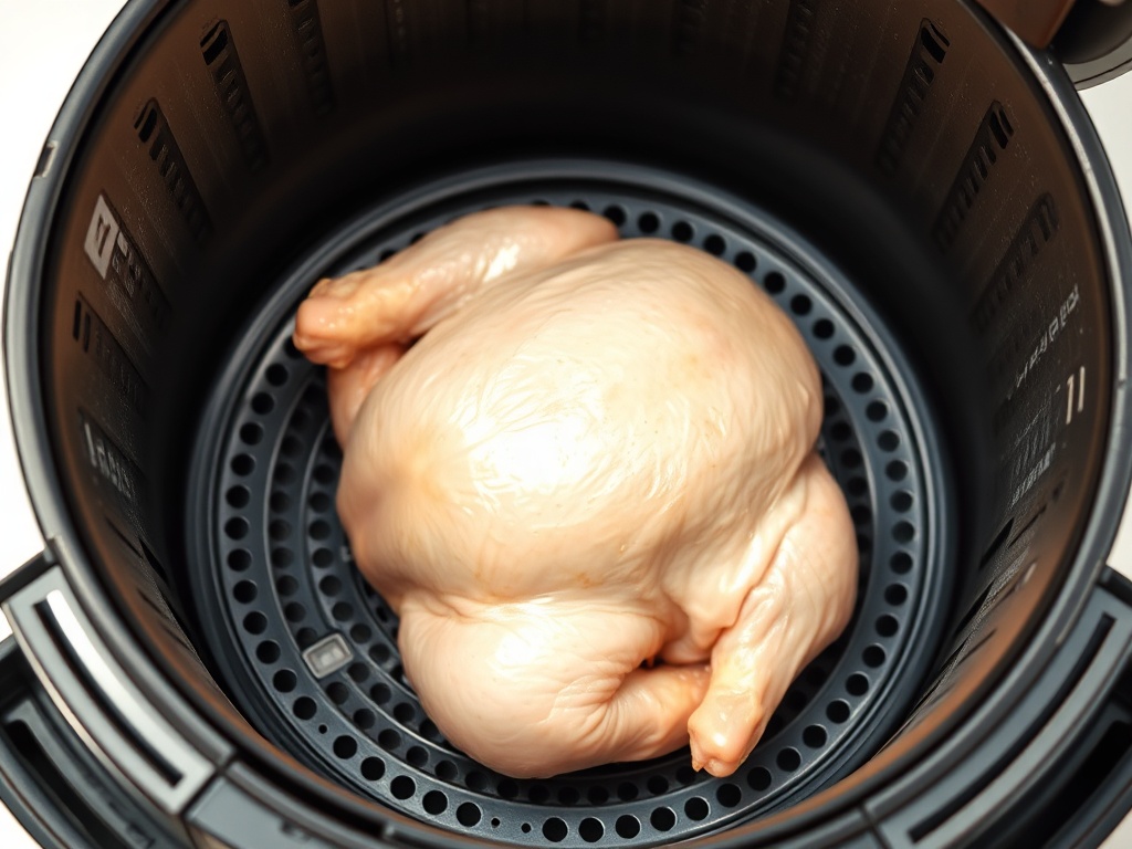 5리터 용량의 에어프라이어 바스켓에 생닭 한 마리가 여유 있게 담긴 모습