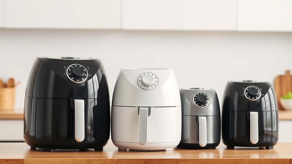 주방 조리대 위에 나란히 놓인 다양한 크기의 에어프라이어 모델들