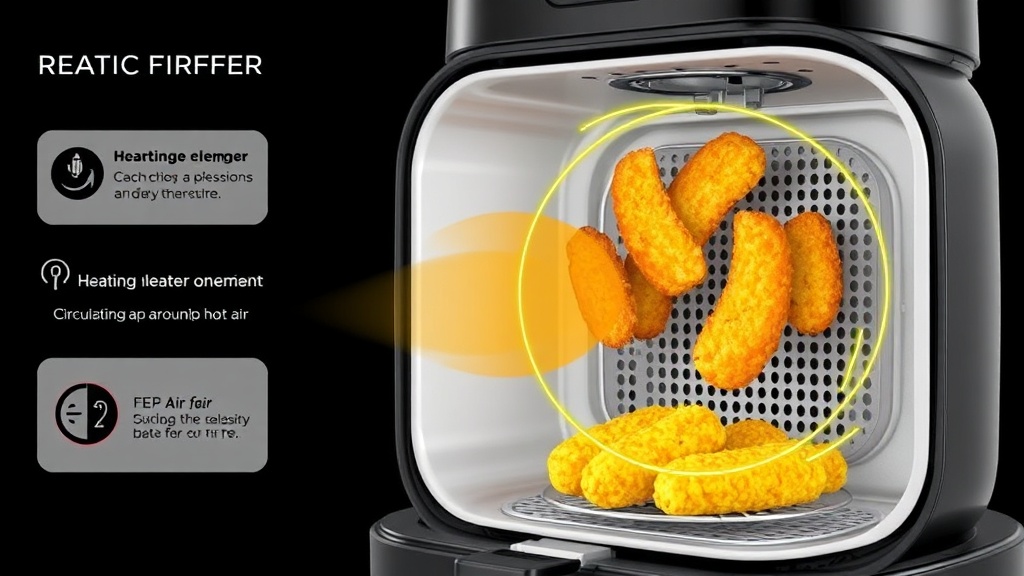 에어프라이어 내부에서 상단의 열선이 가열되고 강력한 팬이 회전하며 뜨거운 공기가 식재료 주변을 순환하는 원리를 보여주는 그래픽 이미지