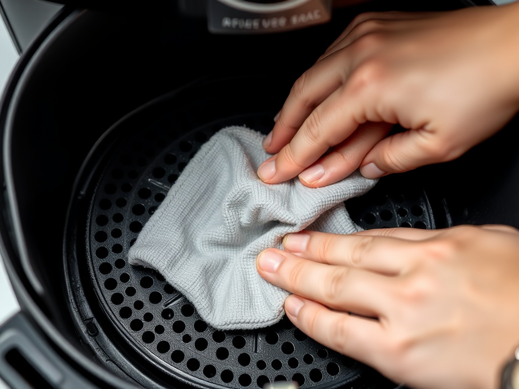 에어프라이어 상단 열선을 조심스럽게 닦아내는 모습